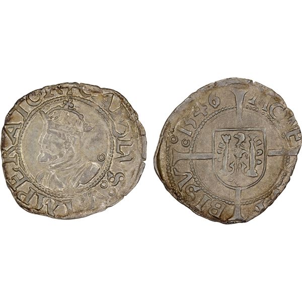 FRANCE: BESANÇON: Charles V, 1519-1556, AR 1/2 carolus, 1546, XF-AU