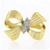 Image 1 : Vintage 14K TT Gold 0.20 ctw Pave Diamond Center Textured Grooved Bow Pin Brooch