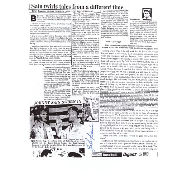 Johnny Sain signed newspaper clipping
