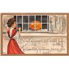 Image 1 : HBG Halloween Woman & Pumpkin at Window Holiday Greeting Postcard