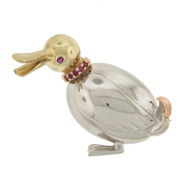 Retro Solid 14K Tri Gold 3D Duck Bird Pin Brooch w/ 0.20 ctw Round Brilliant Rub