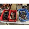 Image 1 : 3 BINS OF ASSORTED ELECTRICAL, WIRING, CHARGERS AND BATTERIES, HARDWARE ETC
