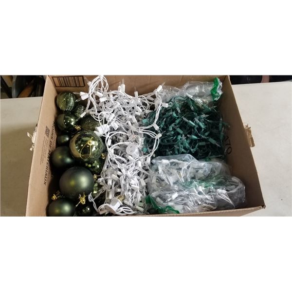 2 BOXES OF CHRISTMAS DECOR, INCLUDING LIGHT SETS, BALLS