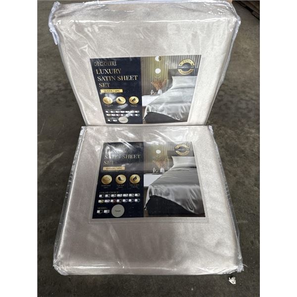 2 NEW QUEENSIZE 4PC LUXURY SATIN SHEET SETS, TAUPE