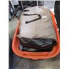 Image 2 : TOTE OF CAMPING SUPPLIES, AIR MATTRESS ETC.