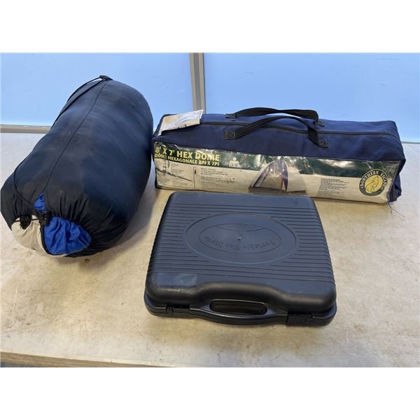 BUTANE COOKER, TENT AND SLEEPING BAG