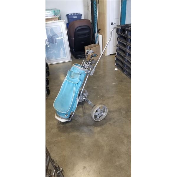 SET OF GOLD CLUBS AND VINTAGE CADDY