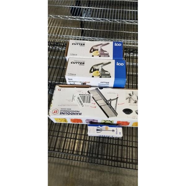LOUIS TELLIER PROFESSIONAL MANDOLIN SLICER, 2 ICO FRENCH FRY CUTTERS AND STAINLESS EGG TOPPER