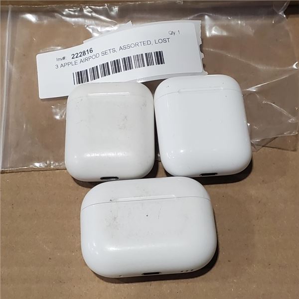 3 APPLE AIRPOD SETS, ASSORTED, LOST PROPERTY