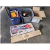 Image 1 : ELECTRIC TRAIN COLLECTION WITH BIN OF TRACK AND ASSORTED RAIL CARS AND SCENERY/BUILDING PIECES ETC.