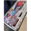 Image 8 : ELECTRIC TRAIN COLLECTION WITH BIN OF TRACK AND ASSORTED RAIL CARS AND SCENERY/BUILDING PIECES ETC.