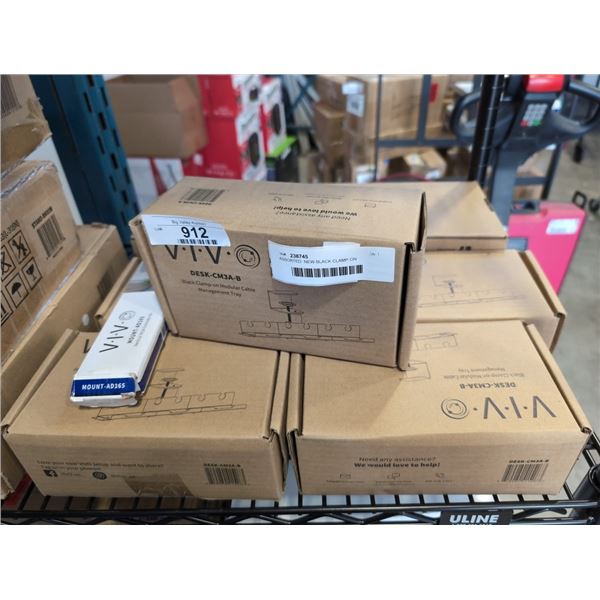 ASSORTED  NEW BLACK CLAMP ON MODULAR CABLE MANAGEMENT TRAYS AND NEW VESA SURGE POROTECTOR POWER STRI