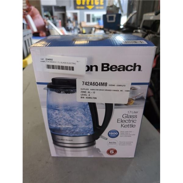 HAMILTON BEACH 1.7L GLASS ELECTRIC KETTLE - TESTED WORKING