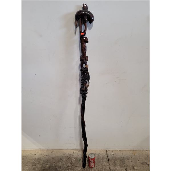 Hand Carved Wooden Walking Cane W/Rattle Top