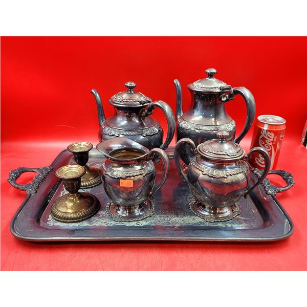 Silver Plated On Copper Teapot, Coffee Pot, Sugar Bowl, Creamer, Serving Tray & Brass Candle Holders