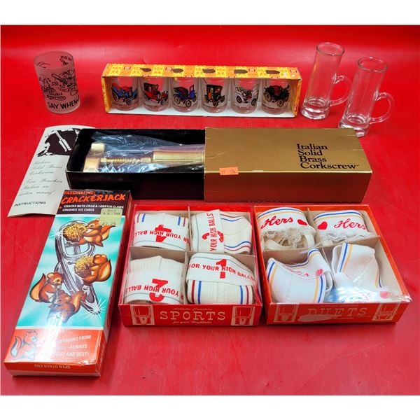 Shot Glasses, Italian Solid Brass Corkscrew, Crackerjack & Athlete Coasters