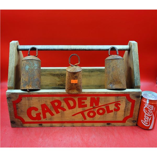 VTG Wooden Garden Tools Crate & Cow Bells