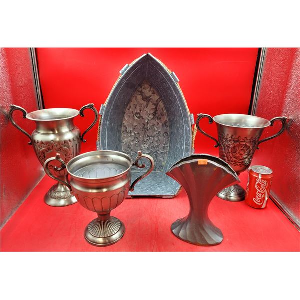 Boat Ice Bucket, Metal Serving Cups/Trophies, & Vase