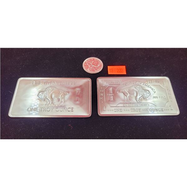 Two 1 Troy Oz Pure Titanium Bar Bullion Buffalos - .999