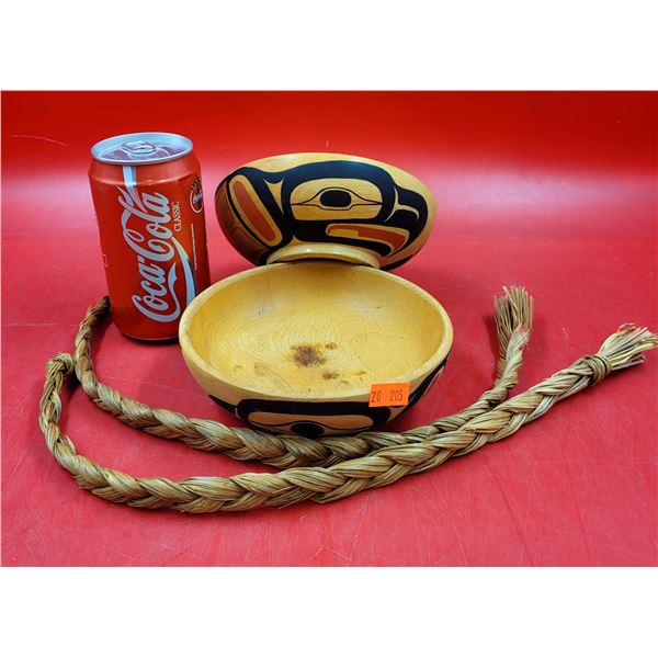 Signed Native Art Wooden Bowls by Ben Houstie Made in BC & Weavings