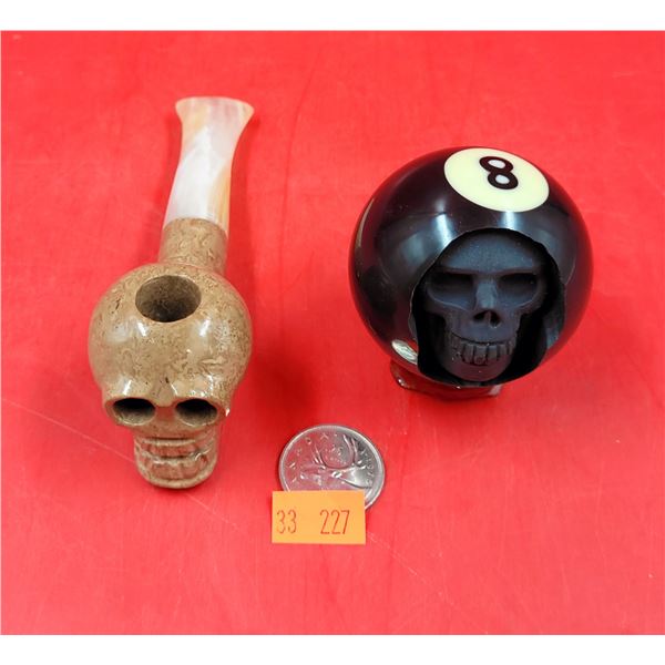 Carved Eight Ball Skull & Carved Agate Stone Skull Pipe