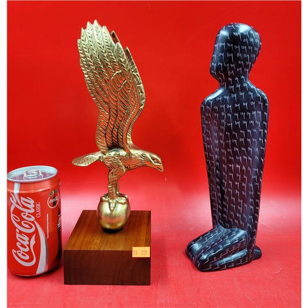 VTG Brass Eagle w/ Spread Wings - 10 ½" & Kenyan Ebony Stone Kneeling Man W/ Cursive Inscriptions