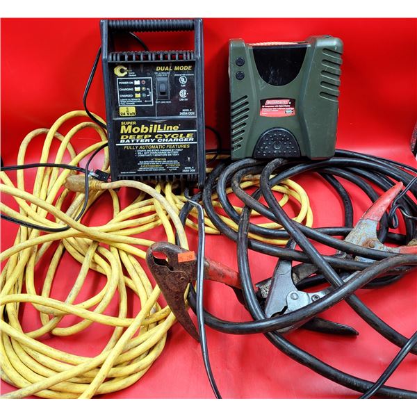 MotoMaster Air Compressor, MobilLine Battery Charger, Extension Cord & Heavy Duty Booster Cables