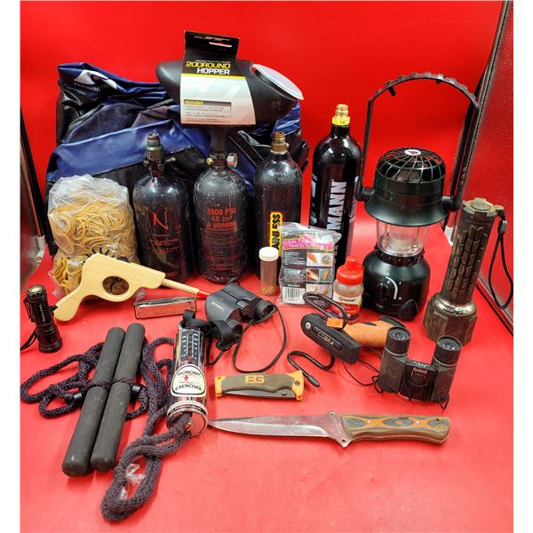 Lantern, Flashlight, Slingshot, Binoculars, Air Tanks, Knife & Outdoors Lot