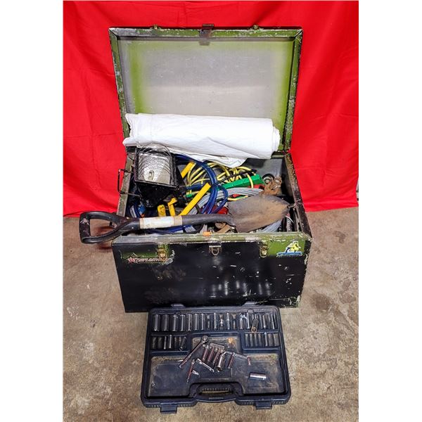 Heavy Metal Container Of Misc. Tools, Cords & Hardware Including Socket Set