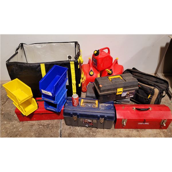 Tool Boxes, Tool Bag, Compartments, Gasoline Jerry Cans, & Large Storage Bin
