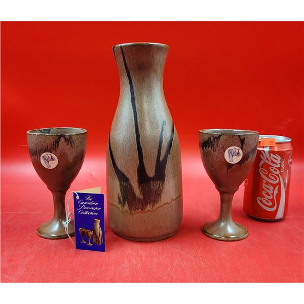 VTG DMP Blue Mountain Pottery Mocha-Glazed Decanter w/ Two Goblets Made In Canada