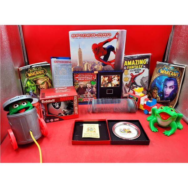 Spiderman DVD Gift Set, Riddell Mini Football Helmet, DVD's, Books & Toy Lot