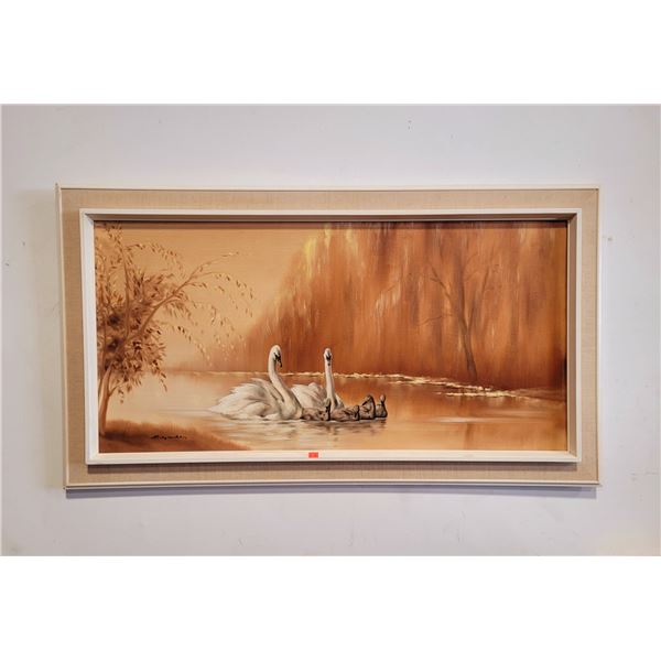 Framed & Signed Medium Swans On Lake Oil Painting