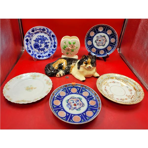 China Dishes, Floral Vase, & Ceramic Cat