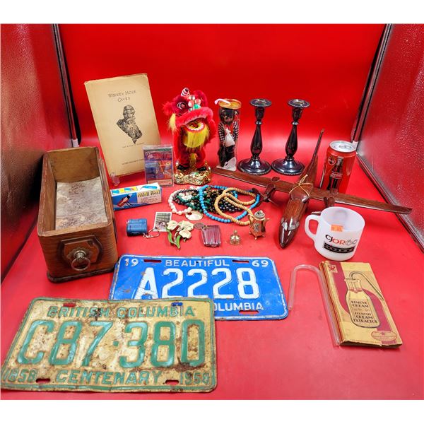 VTG Miscellaneous Lot w/ BC License Plates, Wooden Plane, Costume Jewelry, & More