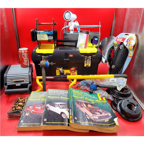Miscellaneous Lot w/ Stanley Toolbox, Assorted Automobile Manuals, RV Bumper Accessory Hitch, & More