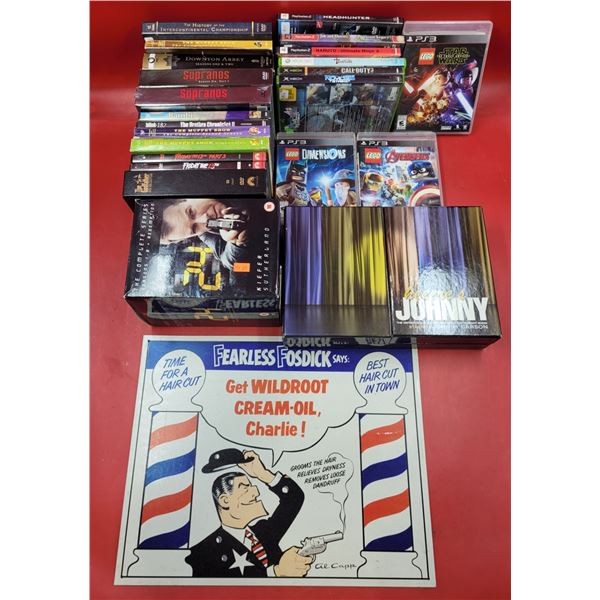 Assorted DVDs, Video Games, & Wildroot Cream-Oil Advertising Sign