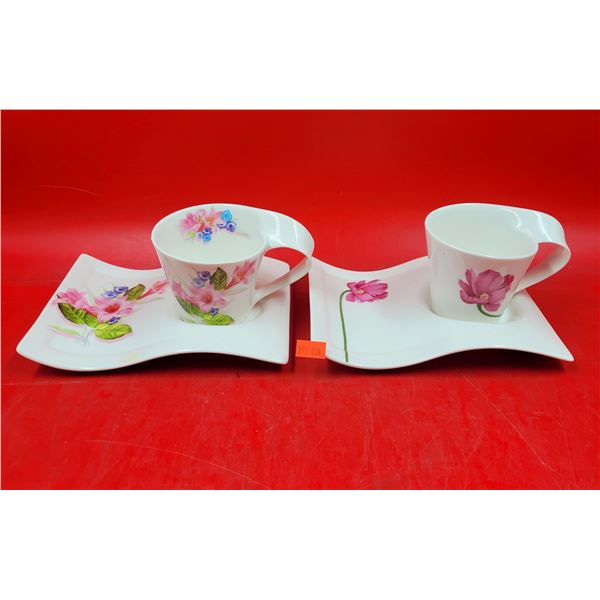 Royal Elfreda Fine Porcelain Tea Cups w/ Curved Snack Trays