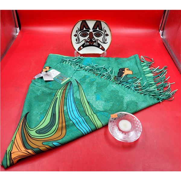 First Nations Art Print Shawl Friends Amis, First Nations Candle Holder & Decorative Plate