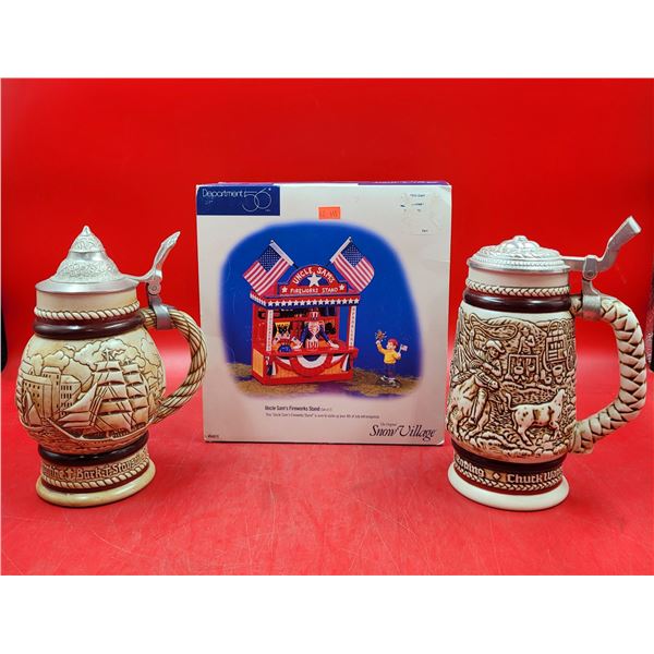 2 Handcrafted Steins Made in Brazil & Department 56 Uncle Sam's Fireworks Stand