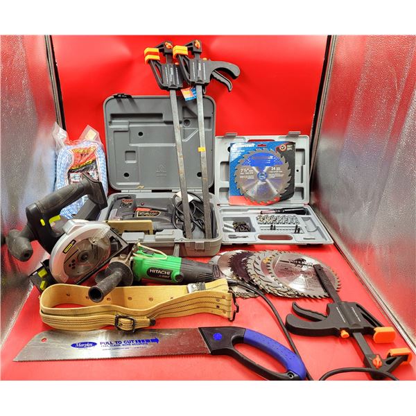 Assorted Tool Lot w/ Power It! Circular Saw, Hitachi Angle Grinder, Saw Blades, Sockets, & More