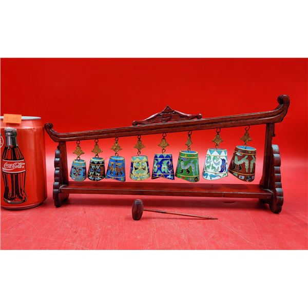 Chinese Bianzhong/Cloisonné Graduated Bells w/ Wood Stand & Mallet