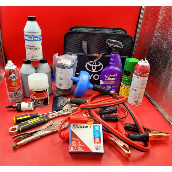 Tool & Car Supplies Lot w/ Pliers, Super Clean Cleaner, Jumper Cables, Body Repair Kit, & More