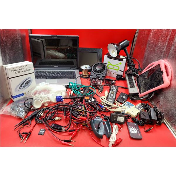 Electronics Lot w/ Toshiba Laptop, Power Bar, Gooseneck Lamp, Automotive LED Headlight, & More