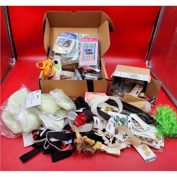 Sewing Supplies Lot w/ Zippers, Safety Pins, Scissors, Elastic Bands, Snaps, & More