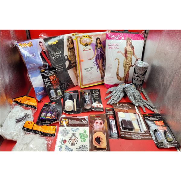 Halloween Costume & Decor Lot w/ 4 Assorted Costumes, Special Effects Makeup, Spiderwebs, & More