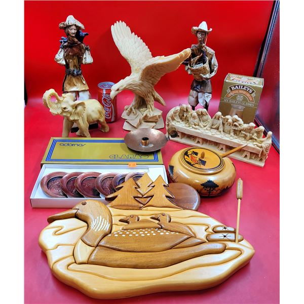 VTG Decor Lot w/ Wooden Duck Wall Art, Decorative Copper Plates, Paper Mache Figures, & More