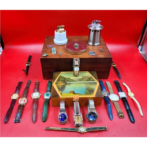 Assorted Watches, 2 Storage Boxes, 2 Table Lighters, & Smalls