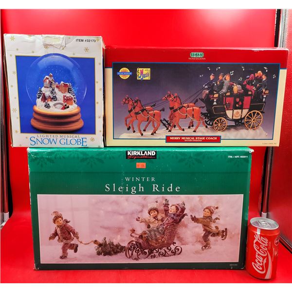 Christmas Decor w/ Merry Musical Stage Coach Figure, Sleigh Ride Figure, & Snow Globe
