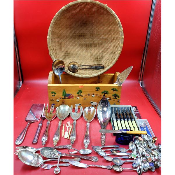 Assorted Serving Ware, Collector's Spoons, Cutlery, Storage Box, & Wicker Basket
